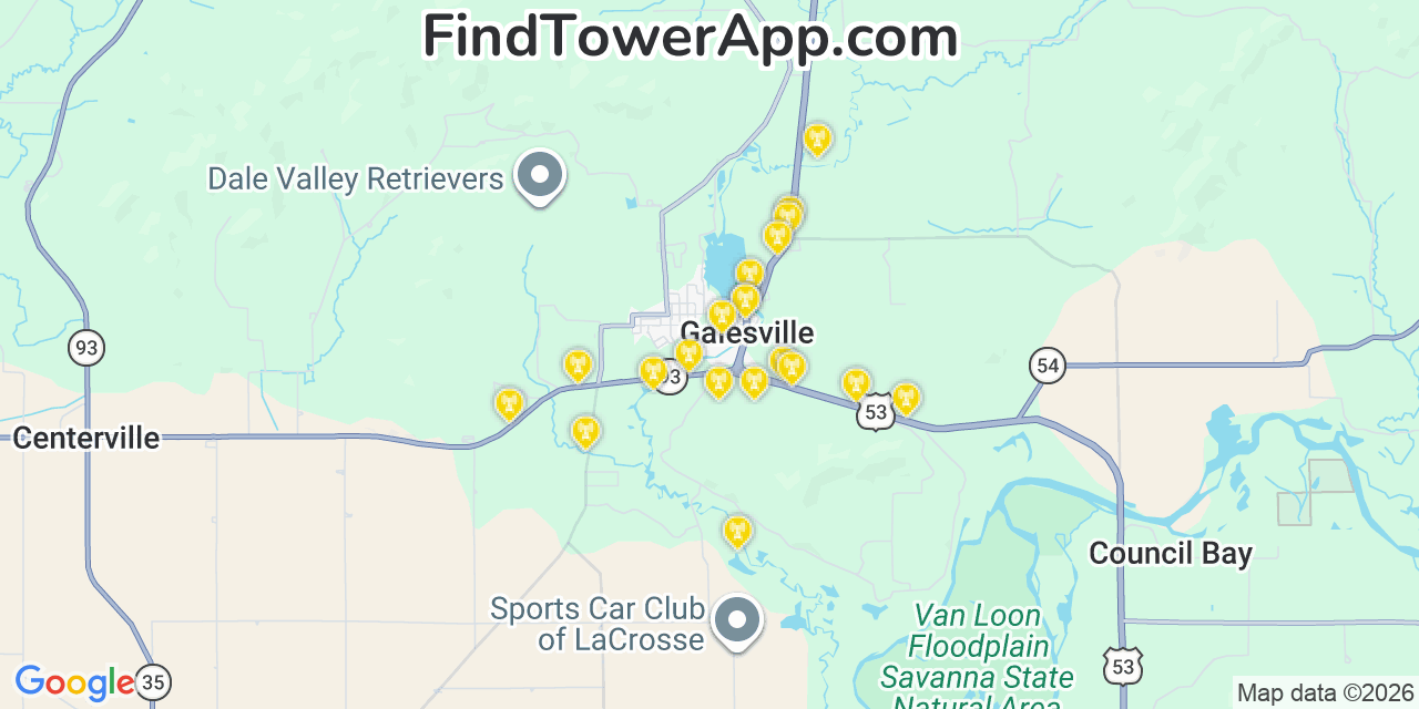 Map showing the 20 primary cell tower locations detected in Galesville, Wisconsin from AT&T, Verizon, and T-Mobile networks