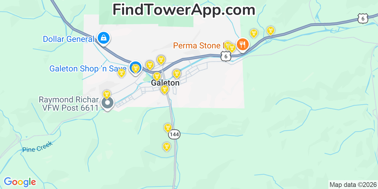 Map showing the 20 primary cell tower locations detected in Galeton, Pennsylvania from AT&T, Verizon, and T-Mobile networks
