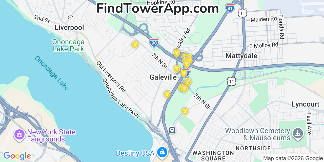Map showing the 20 primary cell tower locations detected in Galeville, New York from AT&T, Verizon, and T-Mobile networks