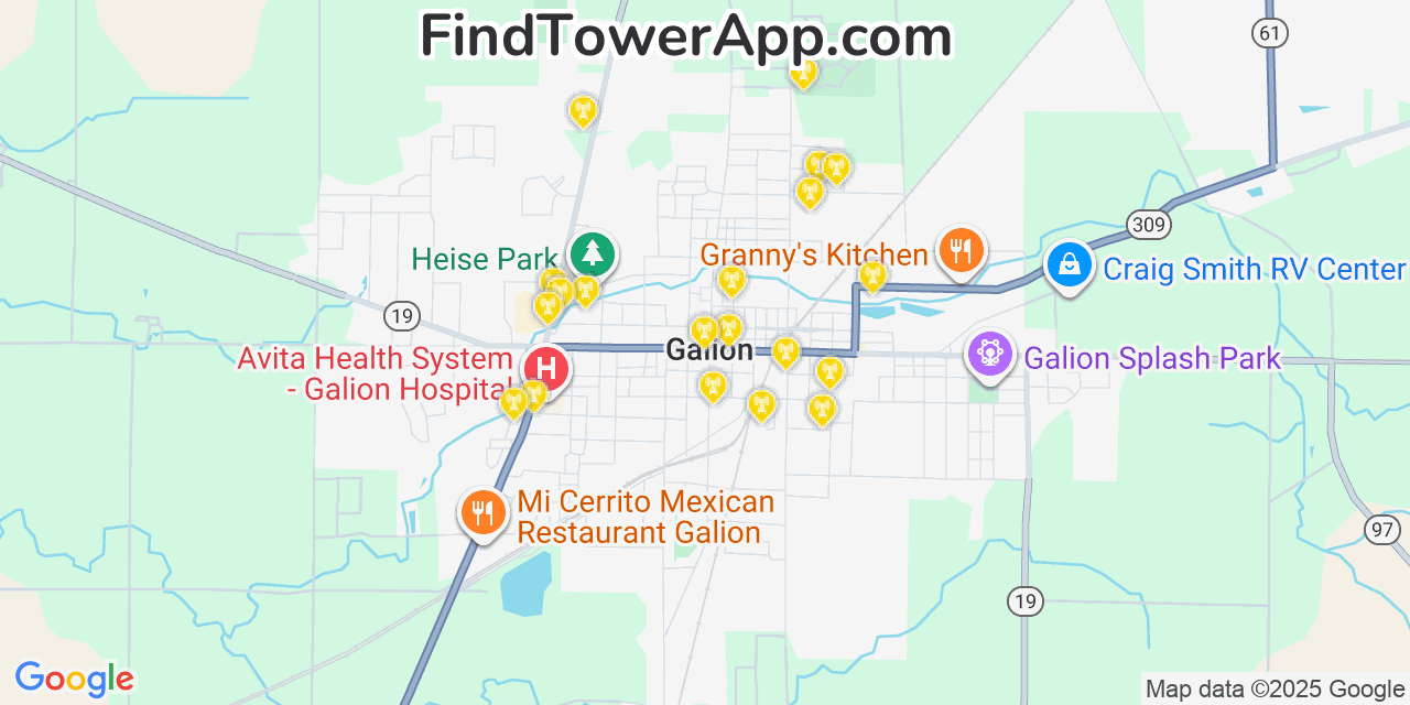 Map showing the 20 primary cell tower locations detected in Galion, Ohio from AT&T, Verizon, and T-Mobile networks