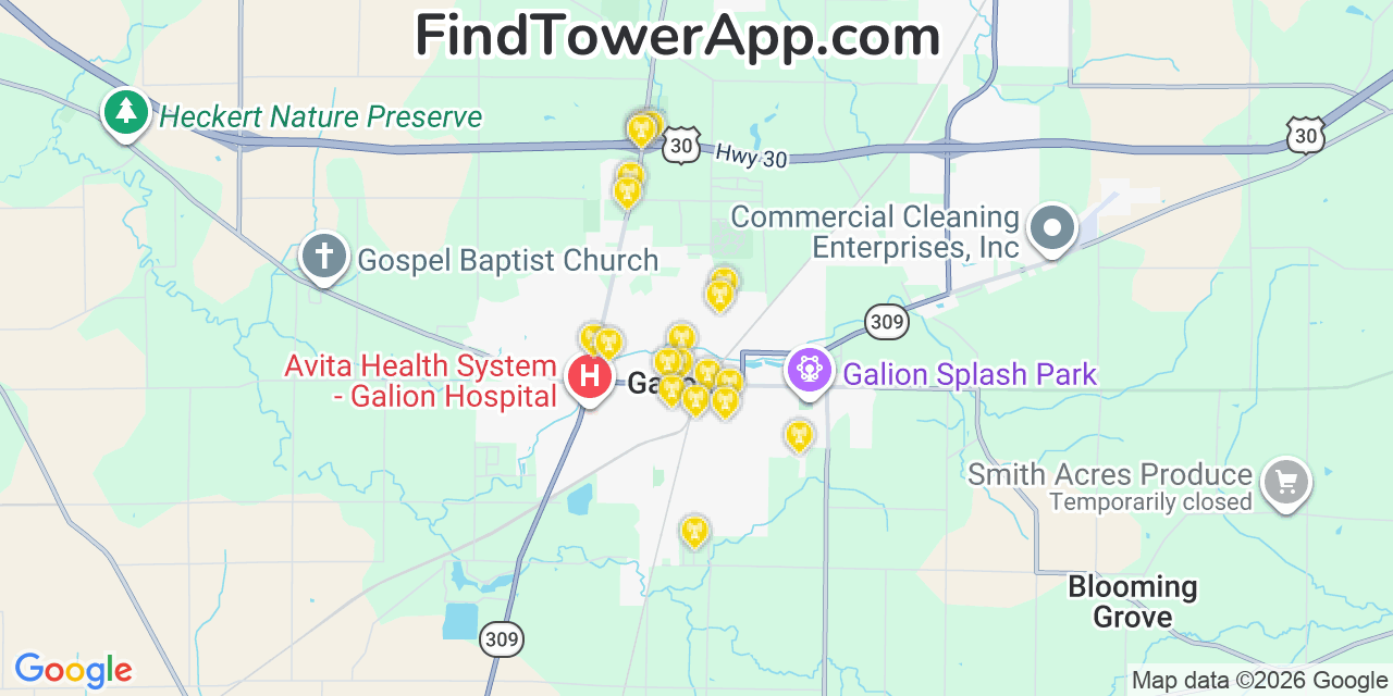 Map showing the 20 primary cell tower locations detected in Galion, Ohio from AT&T, Verizon, and T-Mobile networks