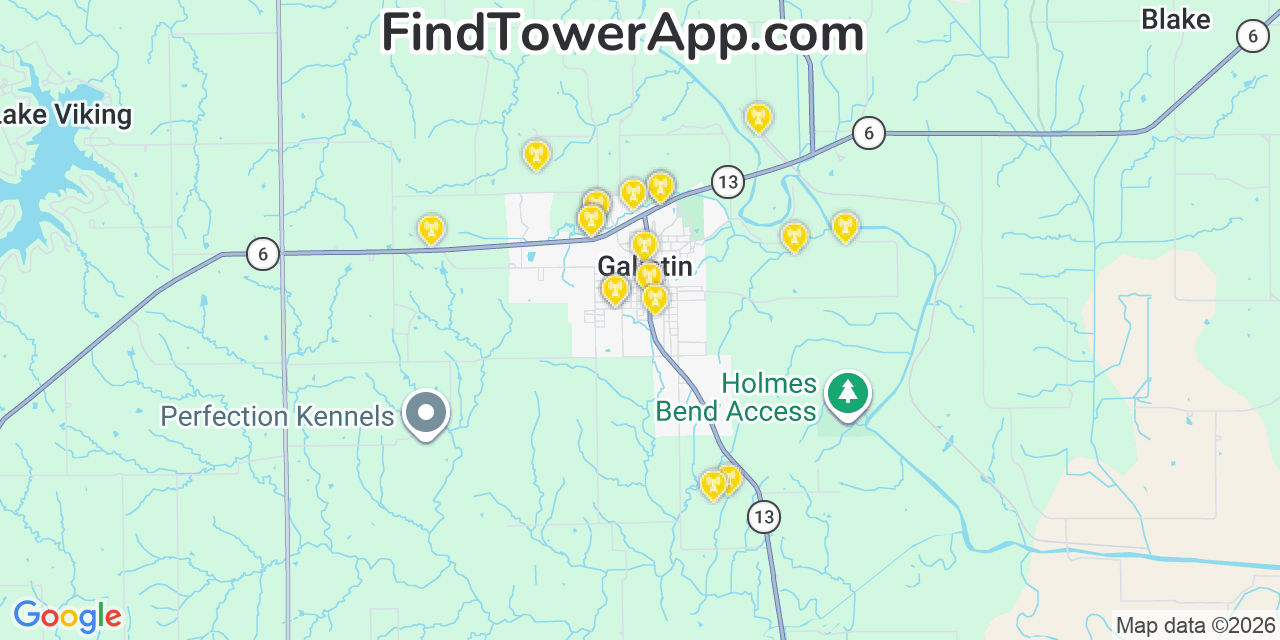Map showing the 20 primary cell tower locations detected in Gallatin, Missouri from AT&T, Verizon, and T-Mobile networks