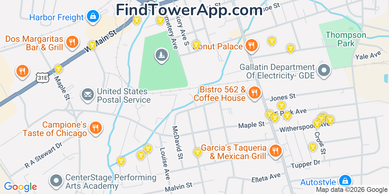 Map showing the 20 primary cell tower locations detected in Gallatin, Tennessee from AT&T, Verizon, and T-Mobile networks