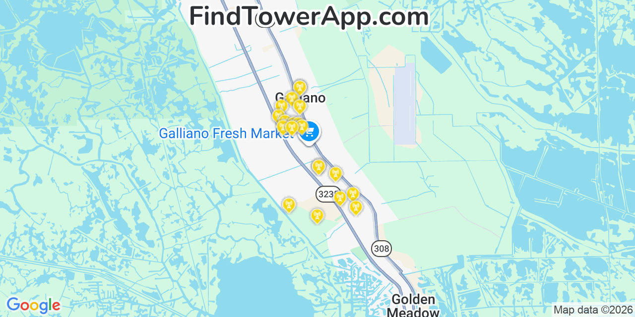Map showing the 20 primary cell tower locations detected in Galliano, Louisiana from AT&T, Verizon, and T-Mobile networks