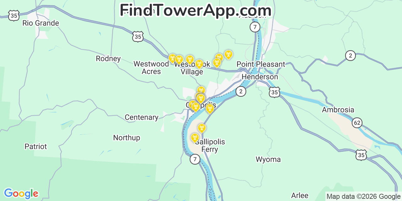 Map showing the 20 primary cell tower locations detected in Gallipolis, Ohio from AT&T, Verizon, and T-Mobile networks