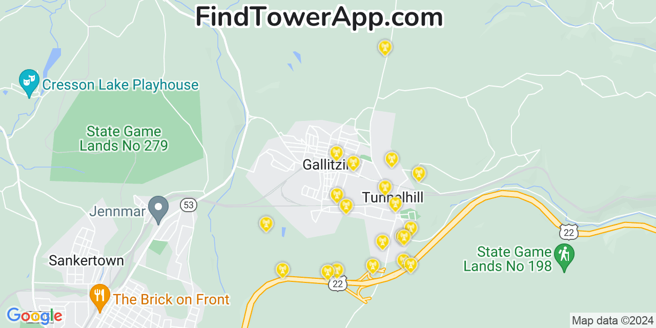 AT&T 4G/5G cell tower coverage map Gallitzin, Pennsylvania