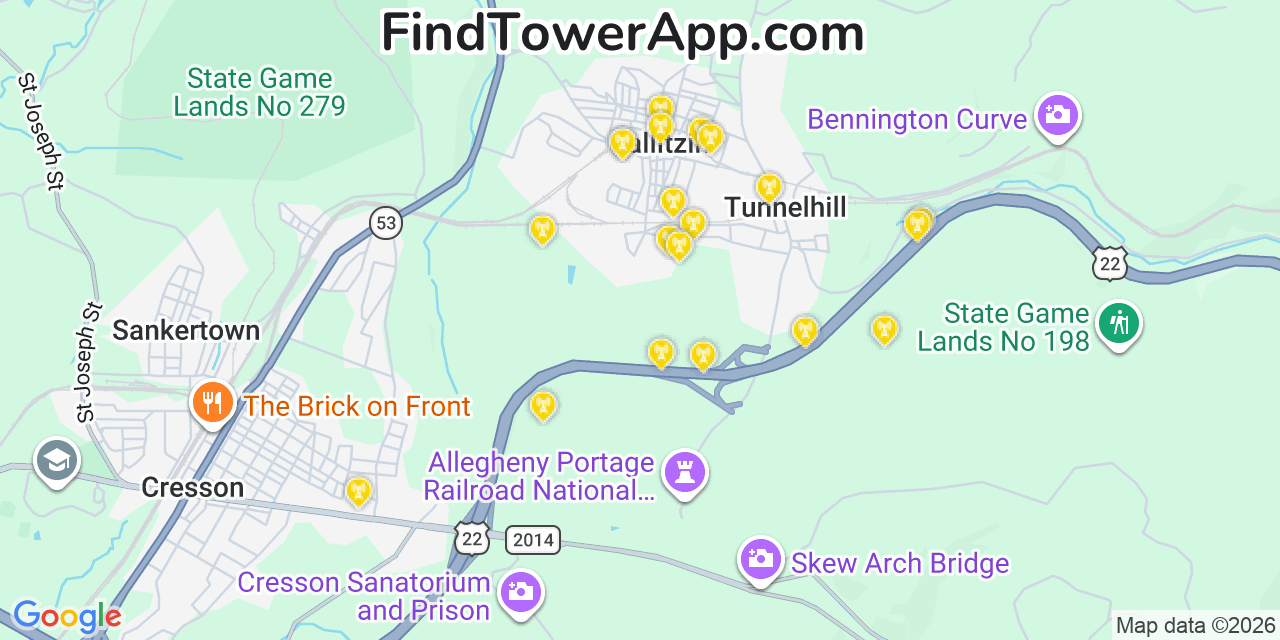 Map showing the 20 primary cell tower locations detected in Gallitzin, Pennsylvania from AT&T, Verizon, and T-Mobile networks