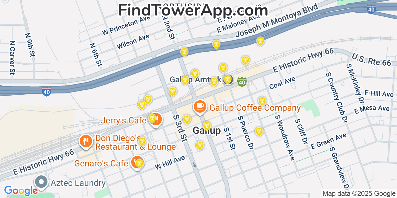 Map showing the 20 primary cell tower locations detected in Gallup, New Mexico from AT&T, Verizon, and T-Mobile networks