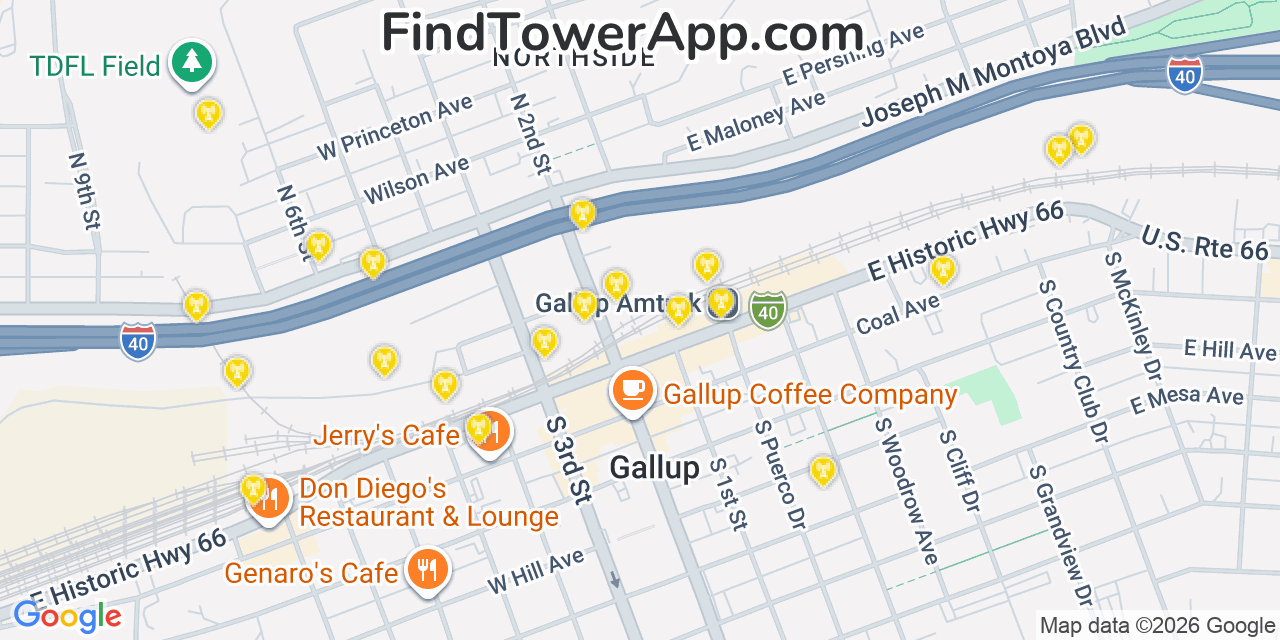 Map showing the 20 primary cell tower locations detected in Gallup, New Mexico from AT&T, Verizon, and T-Mobile networks