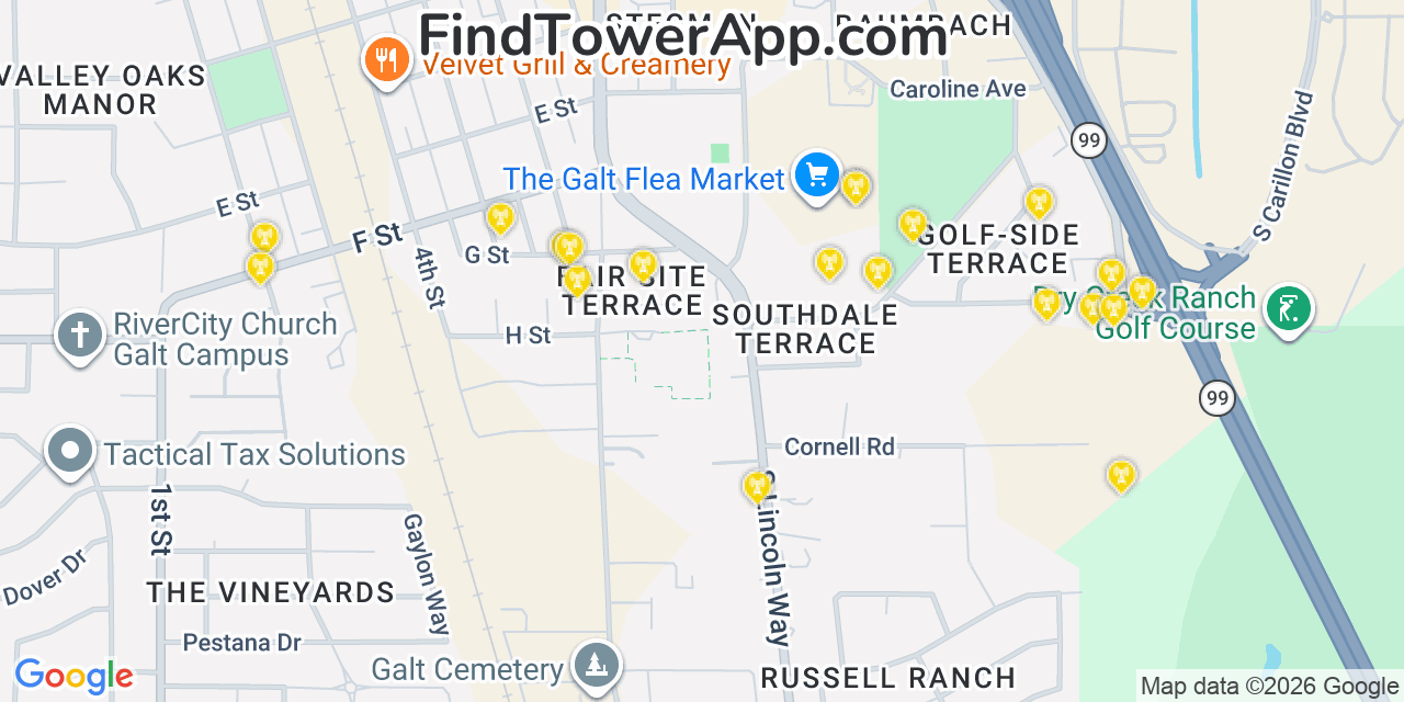 Map showing the 20 primary cell tower locations detected in Galt, California from AT&T, Verizon, and T-Mobile networks