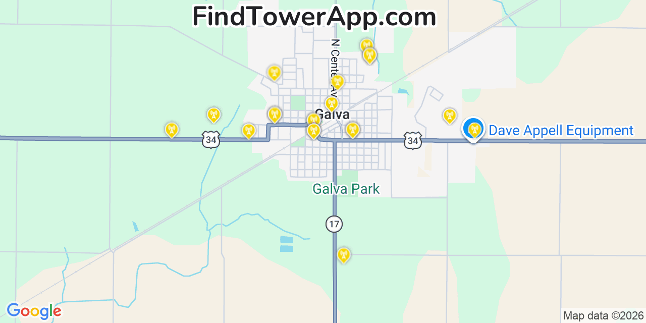 Map showing the 20 primary cell tower locations detected in Galva, Illinois from AT&T, Verizon, and T-Mobile networks