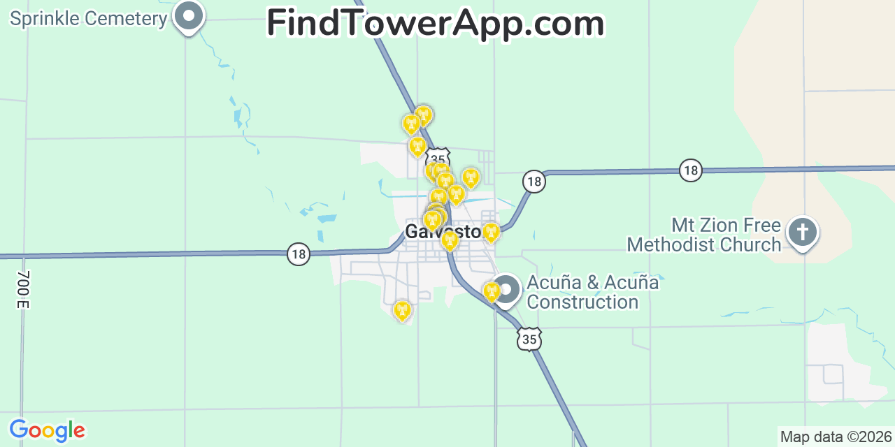 Map showing the 20 primary cell tower locations detected in Galveston, Indiana from AT&T, Verizon, and T-Mobile networks