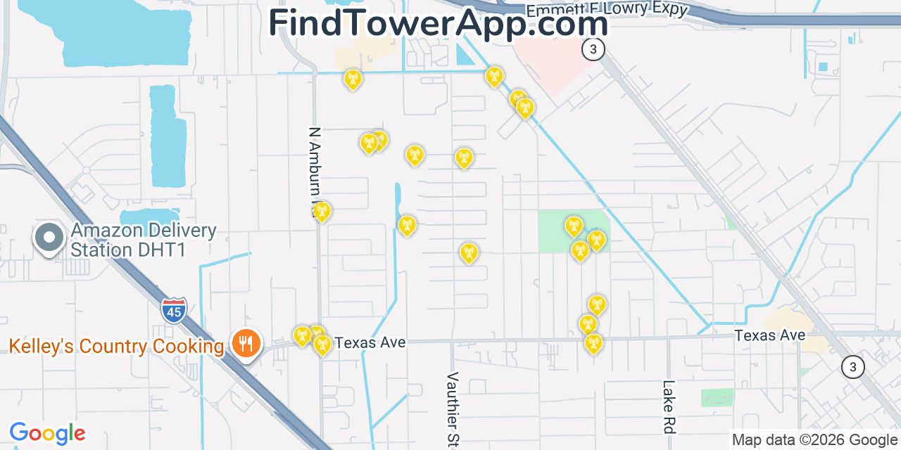 Map showing the 20 primary cell tower locations detected in Galveston, Texas from AT&T, Verizon, and T-Mobile networks
