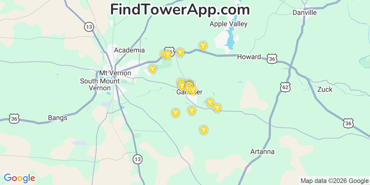 Map showing the 20 primary cell tower locations detected in Gambier, Ohio from AT&T, Verizon, and T-Mobile networks