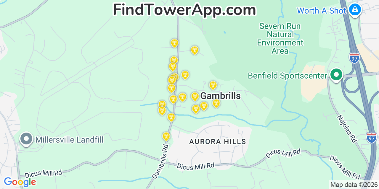 Map showing the 20 primary cell tower locations detected in Gambrills, Maryland from AT&T, Verizon, and T-Mobile networks