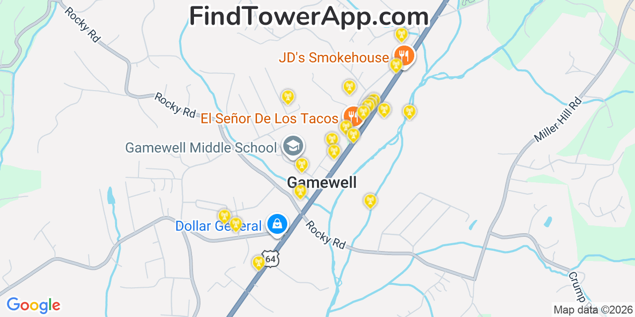 Map showing the 20 primary cell tower locations detected in Gamewell, North Carolina from AT&T, Verizon, and T-Mobile networks