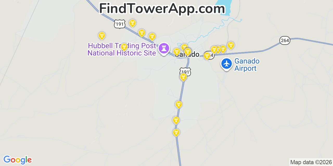 Map showing the 20 primary cell tower locations detected in Ganado, Arizona from AT&T, Verizon, and T-Mobile networks
