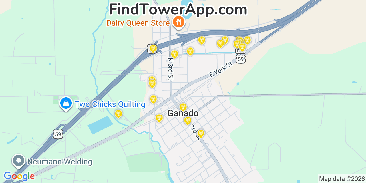 Map showing the 20 primary cell tower locations detected in Ganado, Texas from AT&T, Verizon, and T-Mobile networks