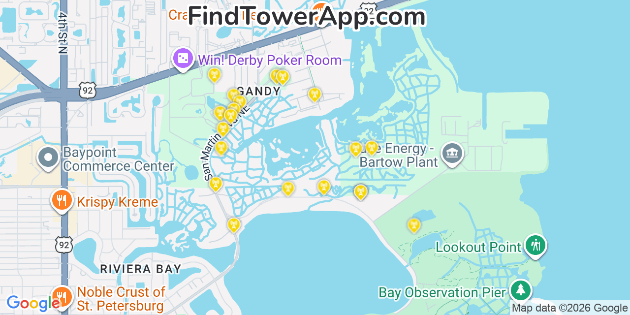 Map showing the 20 primary cell tower locations detected in Gandy, Florida from AT&T, Verizon, and T-Mobile networks