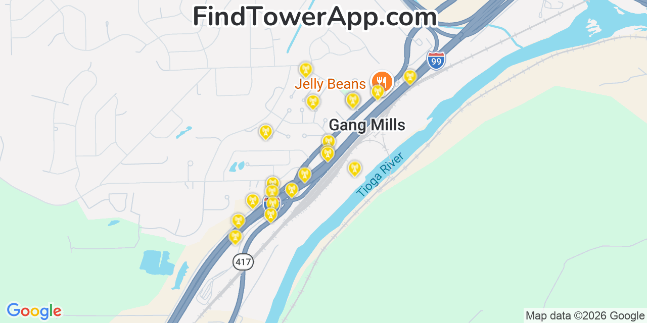 Map showing the 20 primary cell tower locations detected in Gang Mills, New York from AT&T, Verizon, and T-Mobile networks