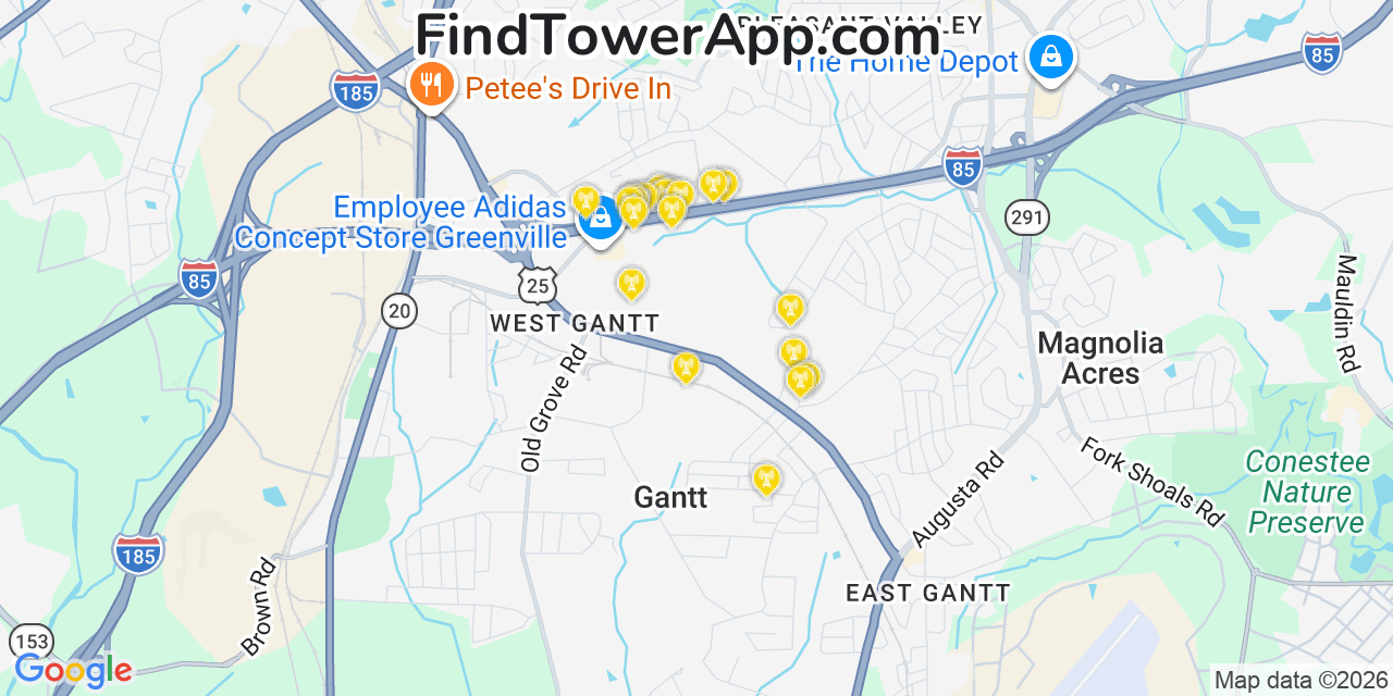 Map showing the 20 primary cell tower locations detected in Gantt, South Carolina from AT&T, Verizon, and T-Mobile networks