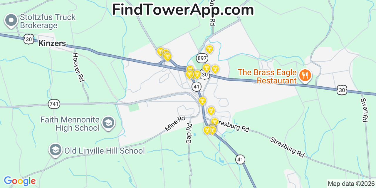 Map showing the 20 primary cell tower locations detected in Gap, Pennsylvania from AT&T, Verizon, and T-Mobile networks