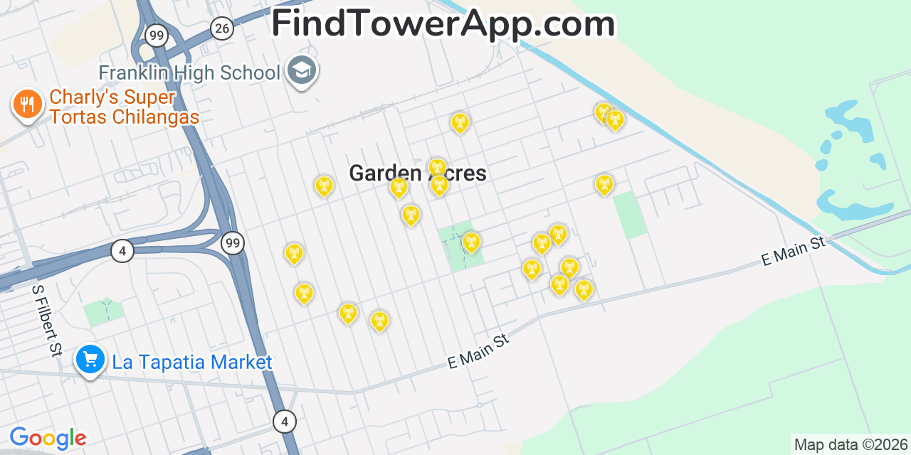 Map showing the 20 primary cell tower locations detected in Garden Acres, California from AT&T, Verizon, and T-Mobile networks
