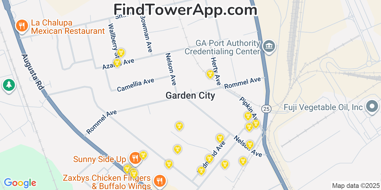 Map showing the 20 primary cell tower locations detected in Garden City, Georgia from AT&T, Verizon, and T-Mobile networks