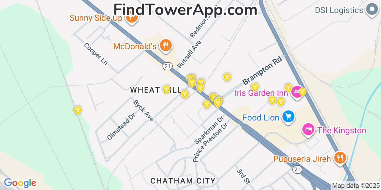 Map showing the 20 primary Mobitel cell tower locations detected in Garden City, Georgia with coverage radius and signal strength indicators