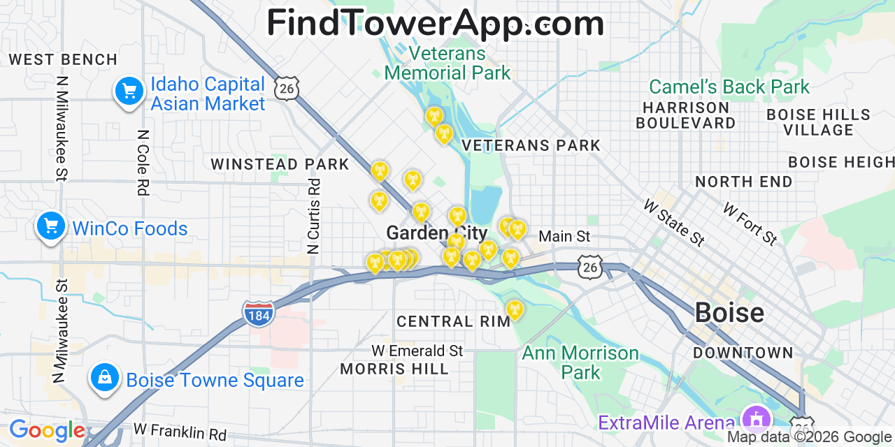 Map showing the 20 primary cell tower locations detected in Garden City, Idaho from AT&T, Verizon, and T-Mobile networks
