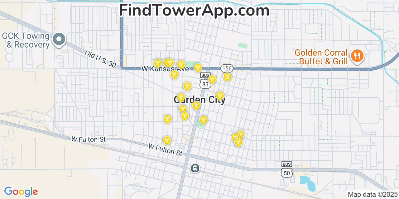 Map showing the 20 primary cell tower locations detected in Garden City, Kansas from AT&T, Verizon, and T-Mobile networks