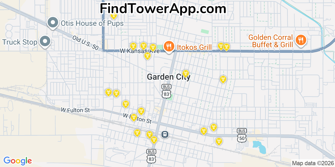 Map showing the 20 primary cell tower locations detected in Garden City, Kansas from AT&T, Verizon, and T-Mobile networks