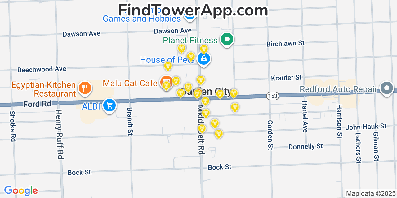 Map showing the 20 primary cell tower locations detected in Garden City, Michigan from AT&T, Verizon, and T-Mobile networks