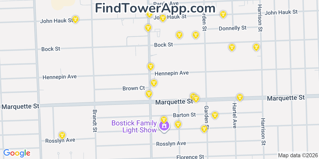 Map showing the 20 primary cell tower locations detected in Garden City, Michigan from AT&T, Verizon, and T-Mobile networks