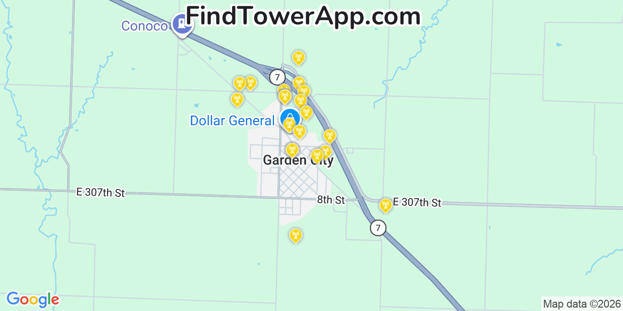 Map showing the 20 primary cell tower locations detected in Garden City, Missouri from AT&T, Verizon, and T-Mobile networks
