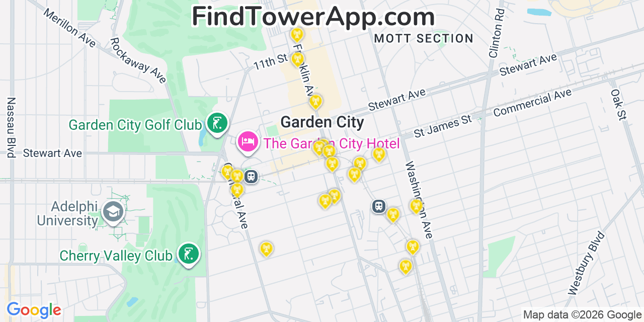 Map showing the 20 primary cell tower locations detected in Garden City, New York from AT&T, Verizon, and T-Mobile networks