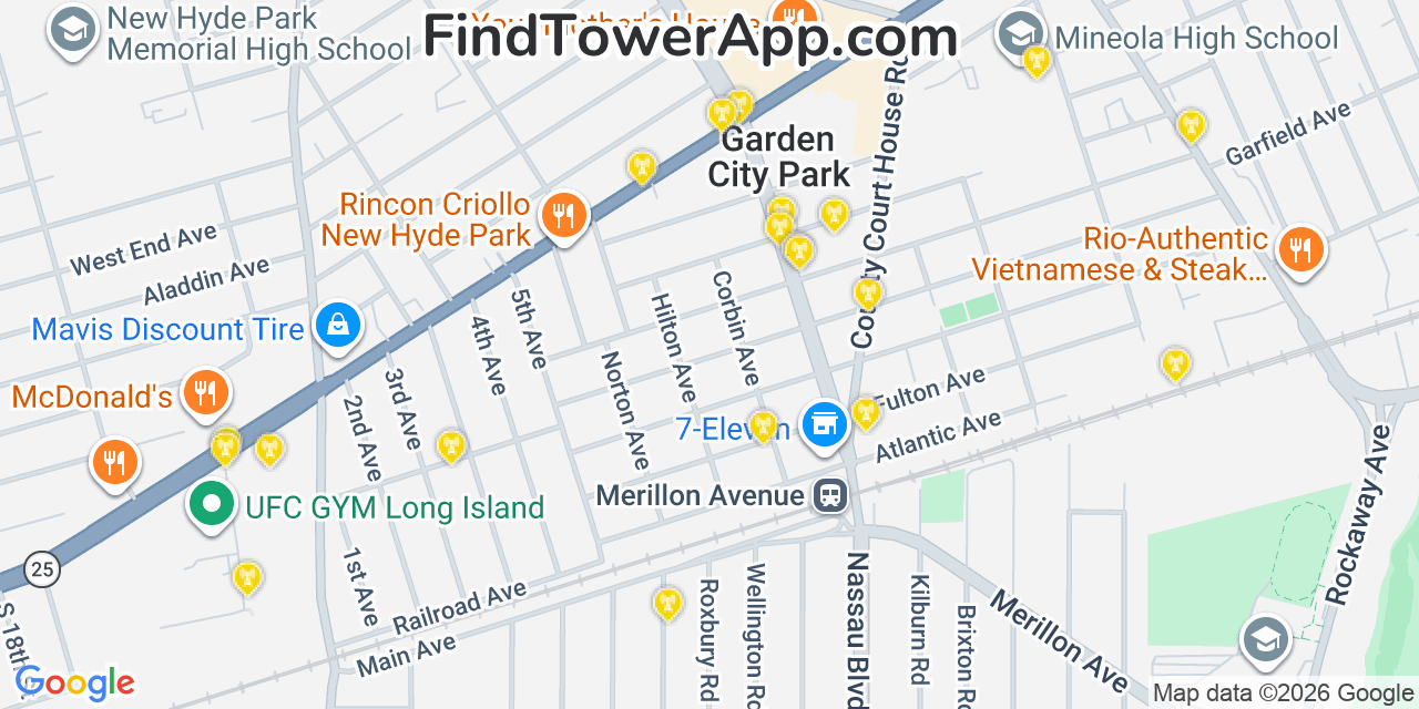 Map showing the 20 primary cell tower locations detected in Garden City Park, New York from AT&T, Verizon, and T-Mobile networks