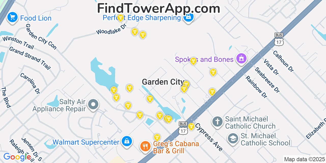 Map showing the 20 primary cell tower locations detected in Garden City, South Carolina from AT&T, Verizon, and T-Mobile networks