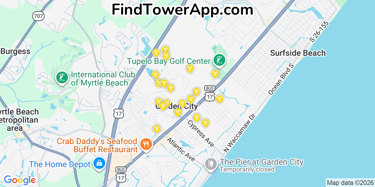 Map showing the 20 primary cell tower locations detected in Garden City, South Carolina from AT&T, Verizon, and T-Mobile networks