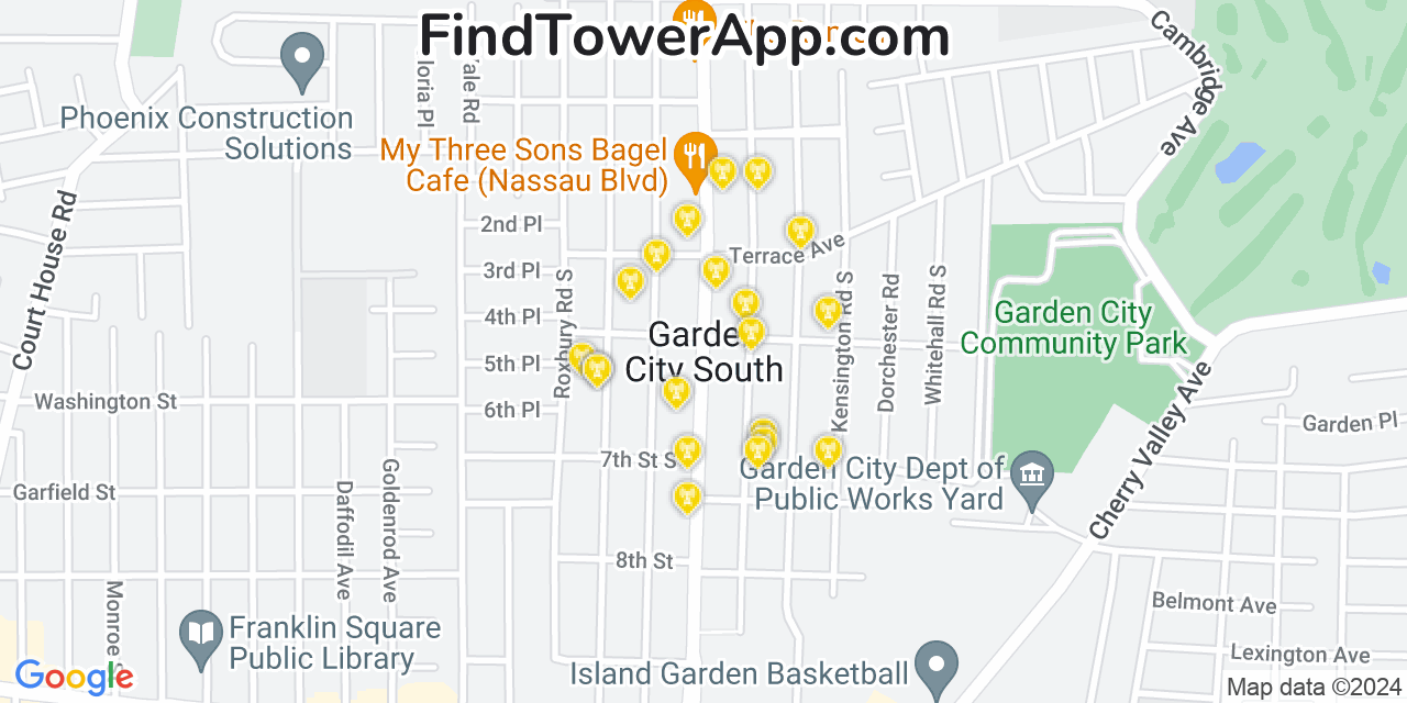 AT&T 4G/5G cell tower coverage map Garden City South, New York