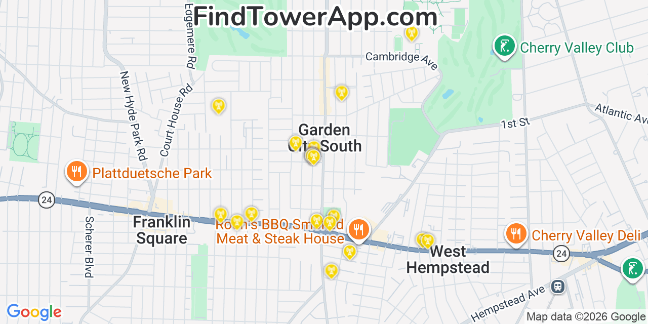 Map showing the 20 primary cell tower locations detected in Garden City South, New York from AT&T, Verizon, and T-Mobile networks
