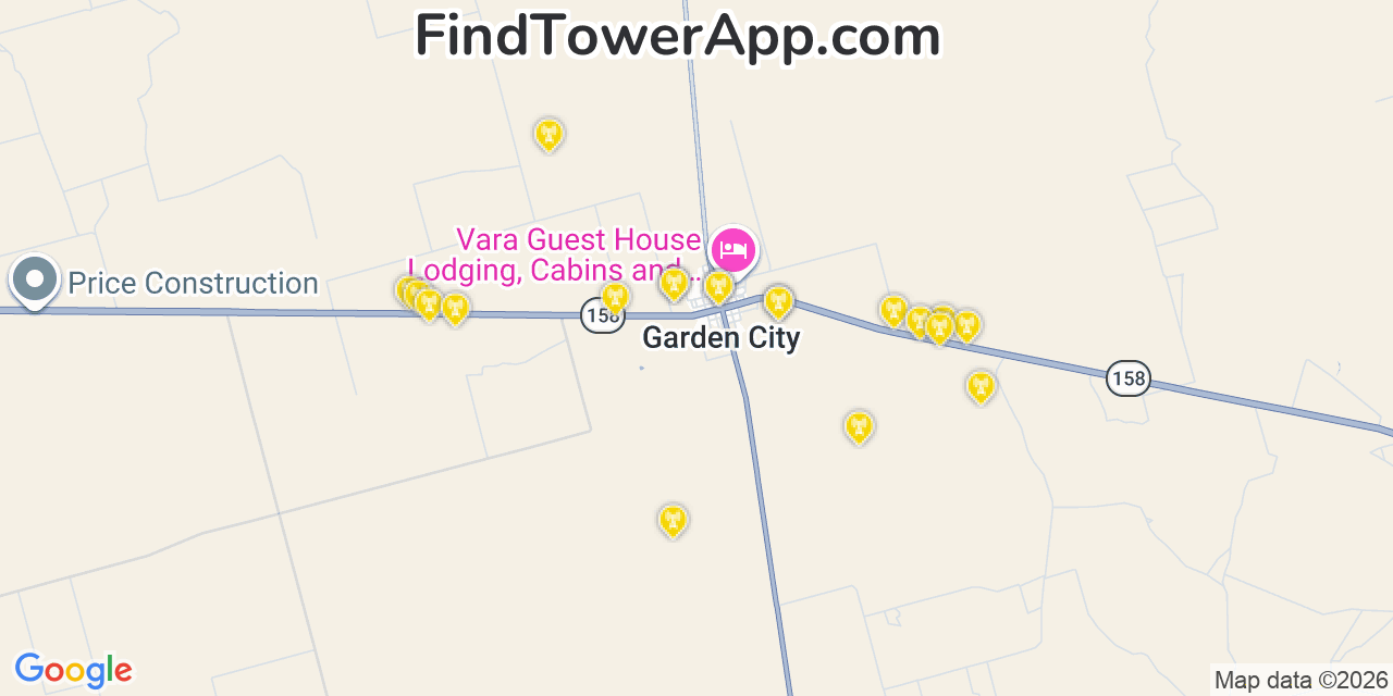 Map showing the 20 primary cell tower locations detected in Garden City, Texas from AT&T, Verizon, and T-Mobile networks