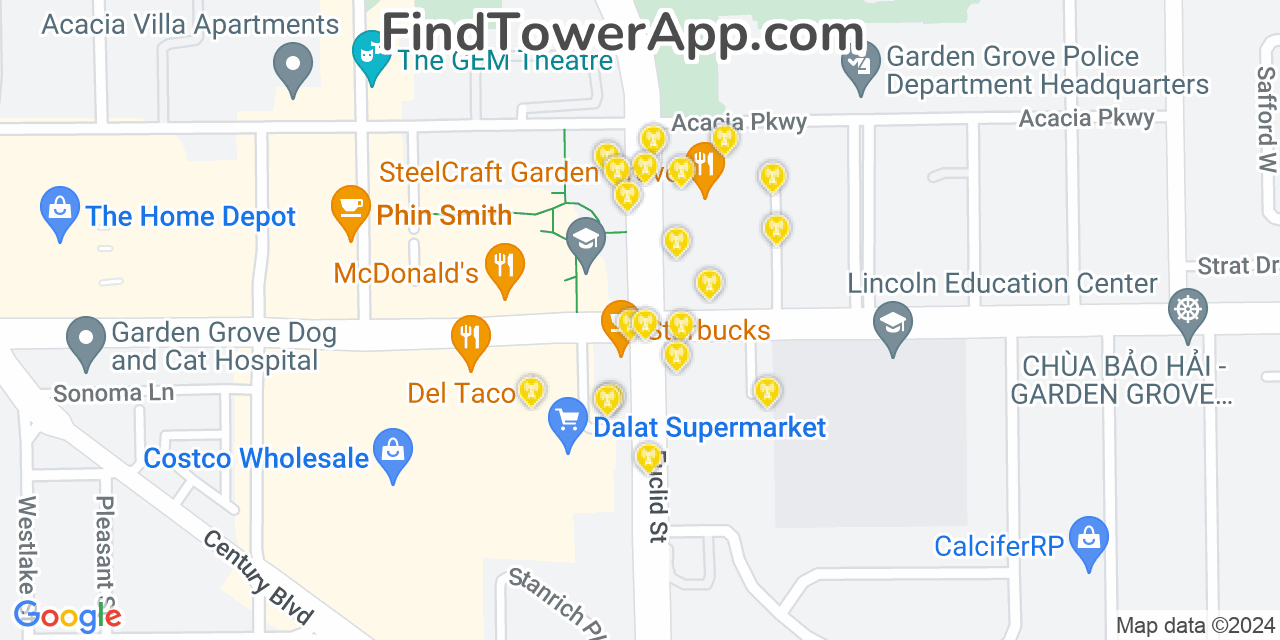 AT&T 4G/5G cell tower coverage map Garden Grove, California