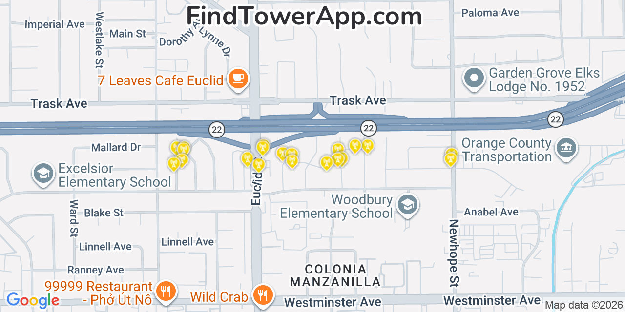 Map showing the 20 primary cell tower locations detected in Garden Grove, California from AT&T, Verizon, and T-Mobile networks