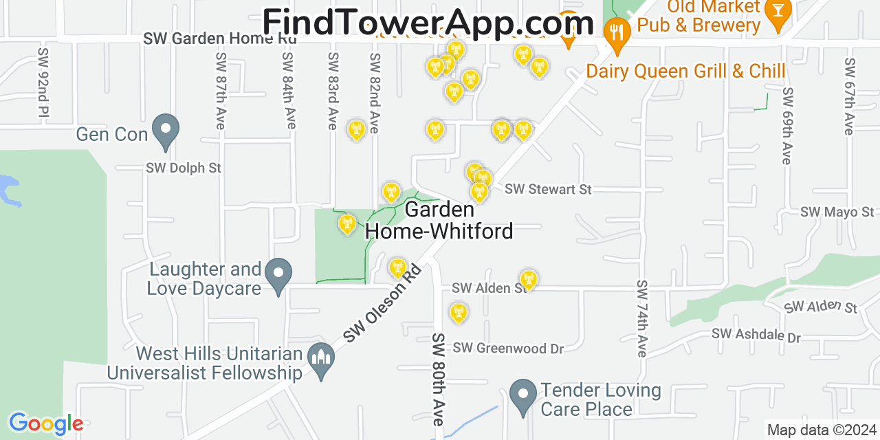 AT&T 4G/5G cell tower coverage map Garden Home Whitford, Oregon