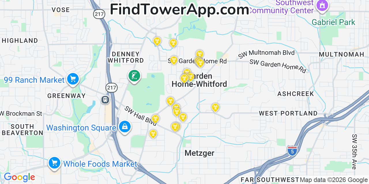 Map showing the 20 primary cell tower locations detected in Garden Home Whitford, Oregon from AT&T, Verizon, and T-Mobile networks