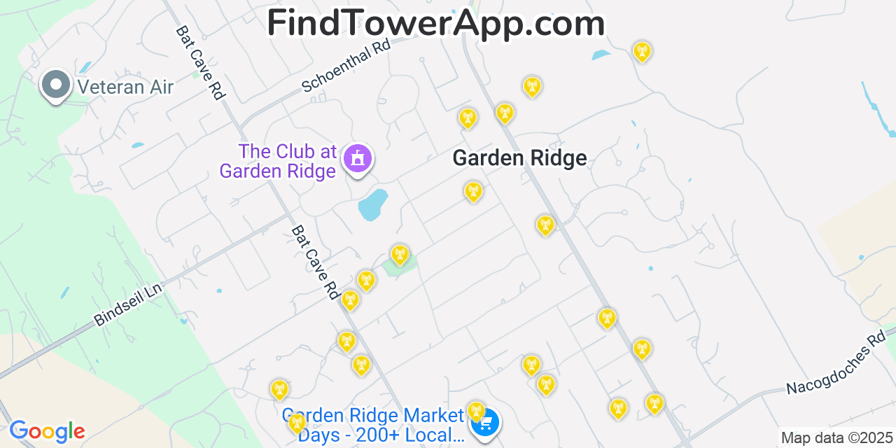Map showing the 20 primary cell tower locations detected in Garden Ridge, Texas from AT&T, Verizon, and T-Mobile networks