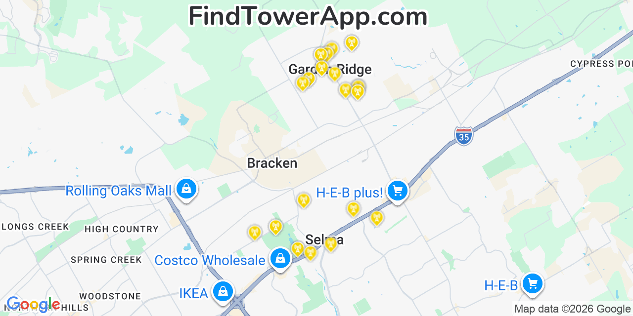 Map showing the 20 primary cell tower locations detected in Garden Ridge, Texas from AT&T, Verizon, and T-Mobile networks