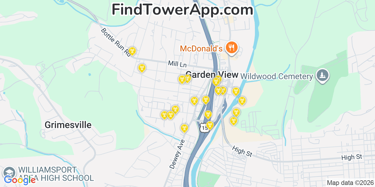 Map showing the 20 primary cell tower locations detected in Garden View, Pennsylvania from AT&T, Verizon, and T-Mobile networks