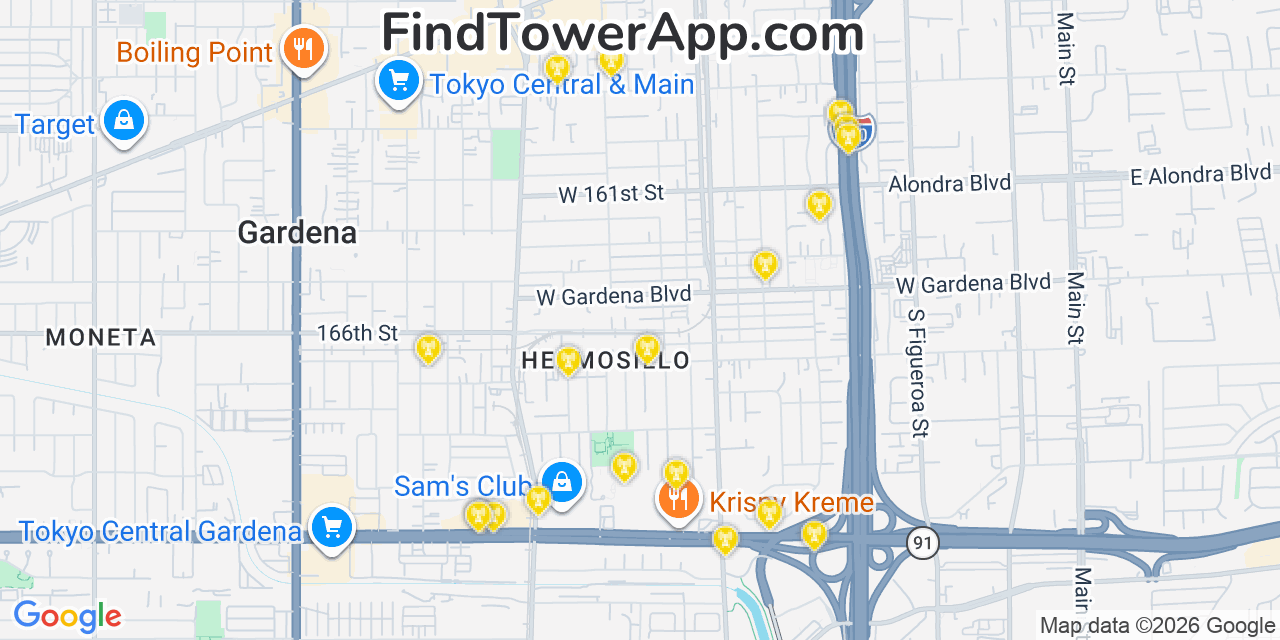 Map showing the 20 primary cell tower locations detected in Gardena, California from AT&T, Verizon, and T-Mobile networks